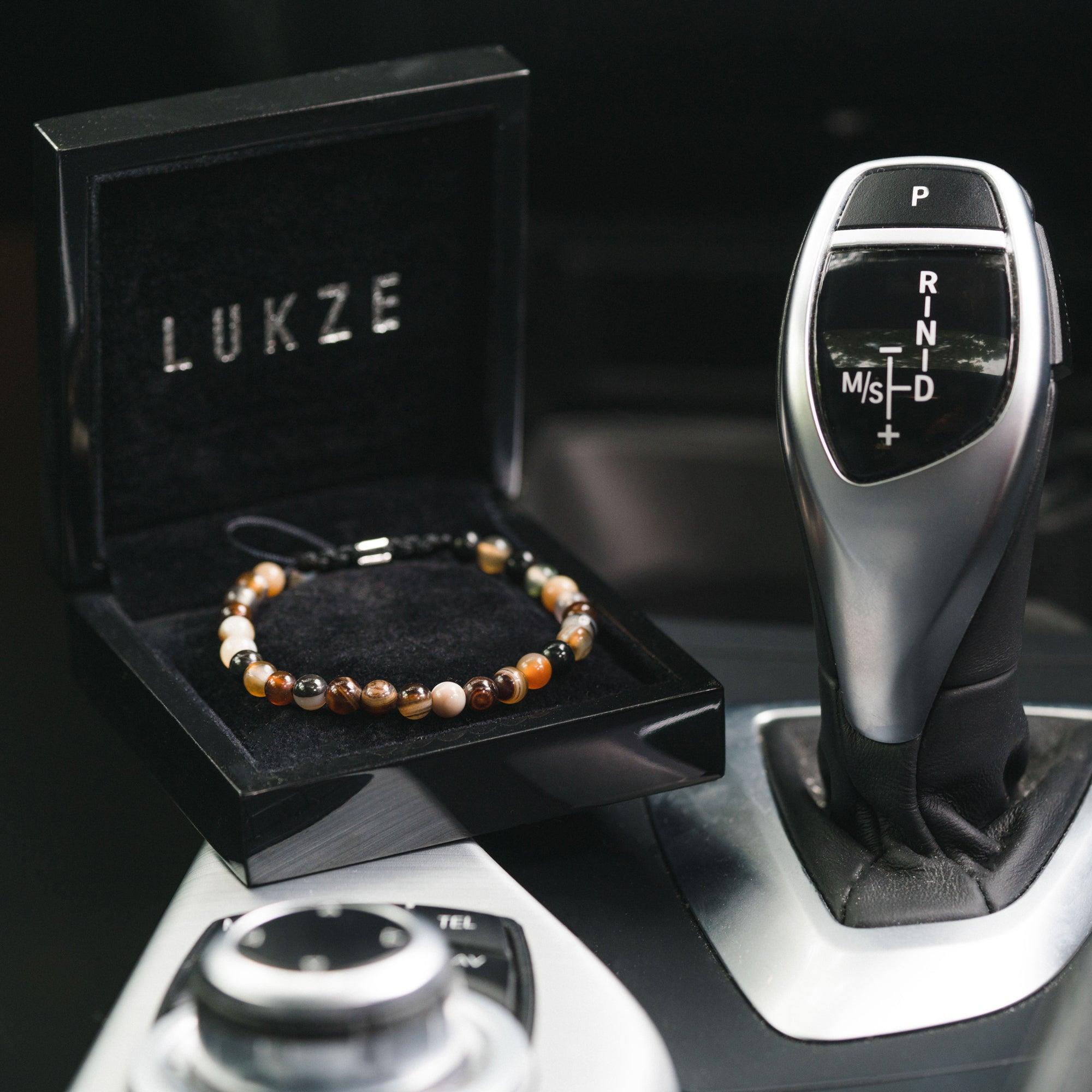 Brown Striped Agate Macramé Bracelet - Premium Mens Bead Bracelet - Lukze