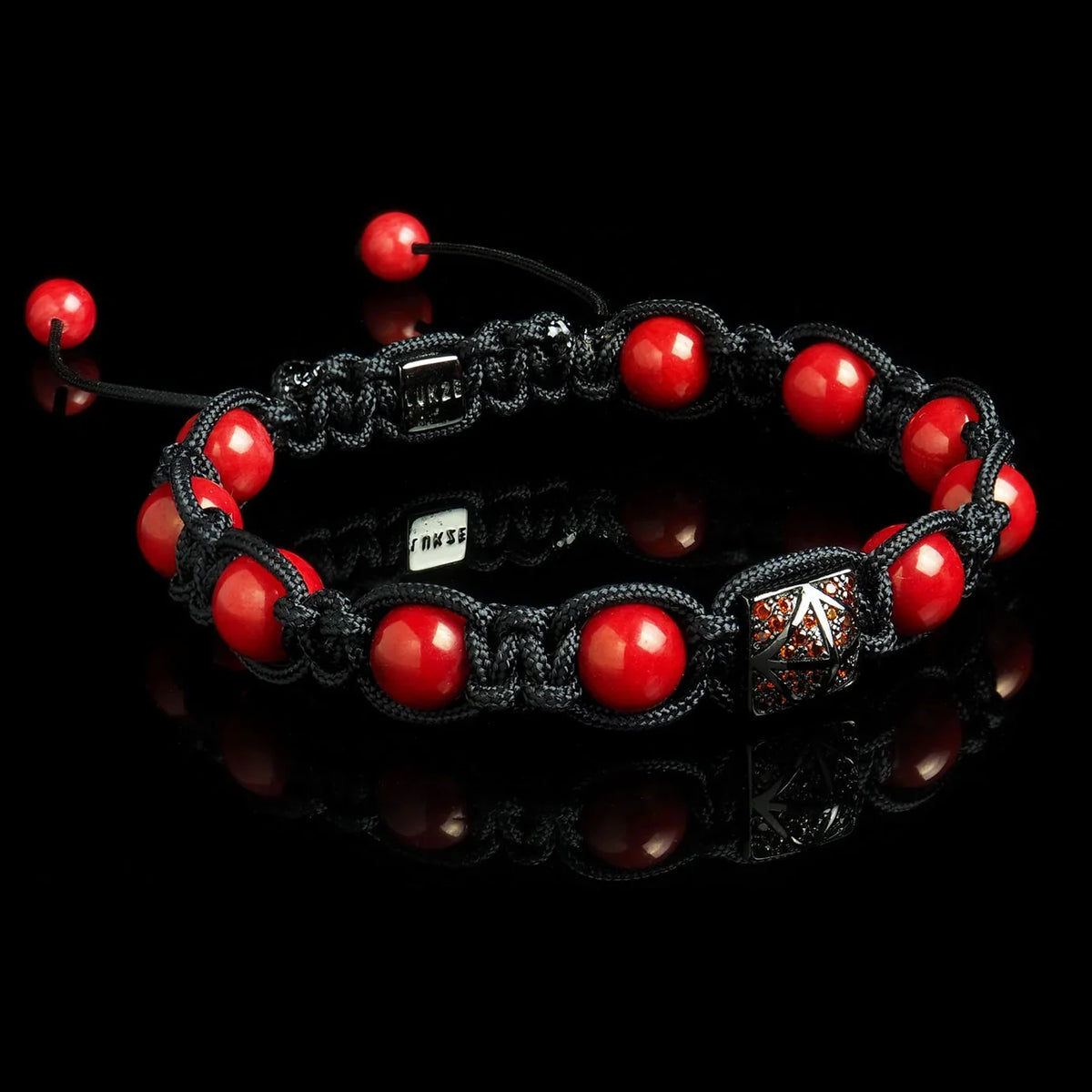 Lukze coral and diamond Shamballa bracelet with red beads and black cord