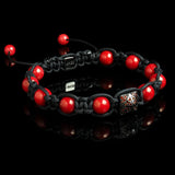 Lukze coral and diamond Shamballa bracelet with red beads and black cord