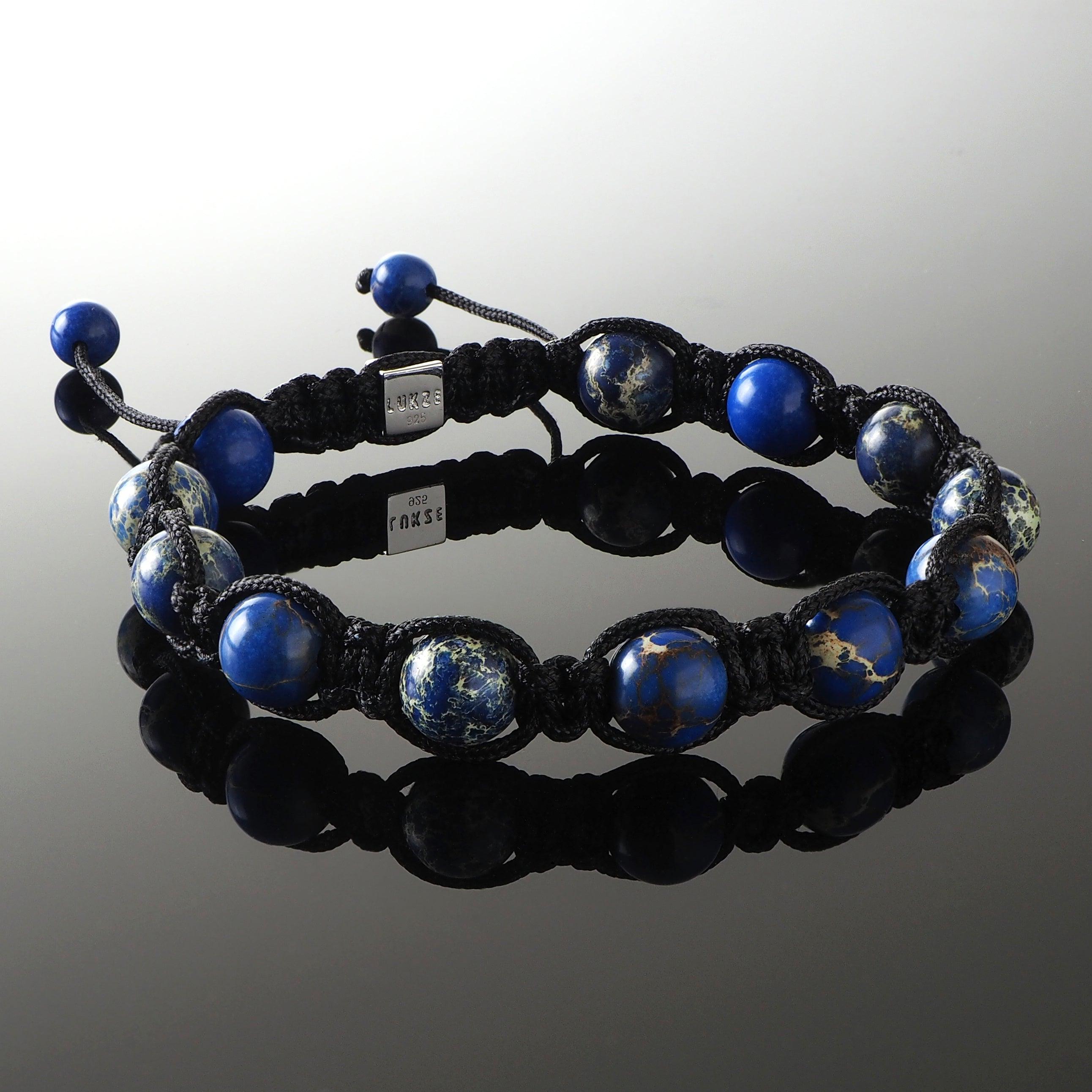 Blue Sediment Jasper Shamballa Bracelet - Premium Mens Bead Bracelet - Lukze