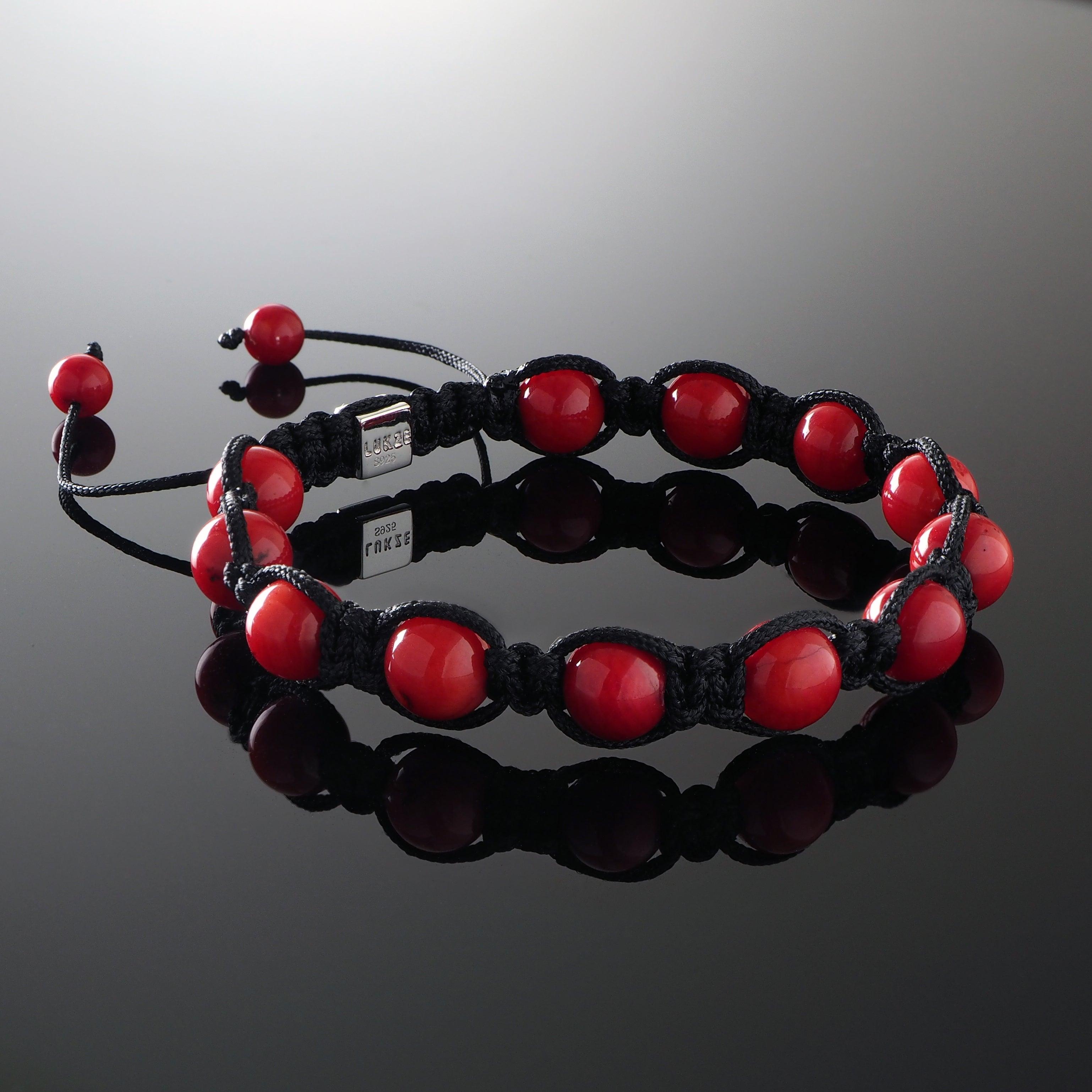 Natural Coral Gemstone Handmade Beaded Shamballa Bracelet with 925 Sterling Silver Accents and Adjustable White Gold Slip Knot Closure - Spiritual Jewelry Stones