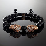 Natural Polished Onyx Gemstone Handmade Beaded Bracelet with 925 Sterling Silver Accents and Adjustable White Gold Slip Knot Closure - Finished with thick Rose Gold plated 925 Silver & Cubic Zirconia CZ Diamond Skull heads - - Spiritual Jewelry Stones