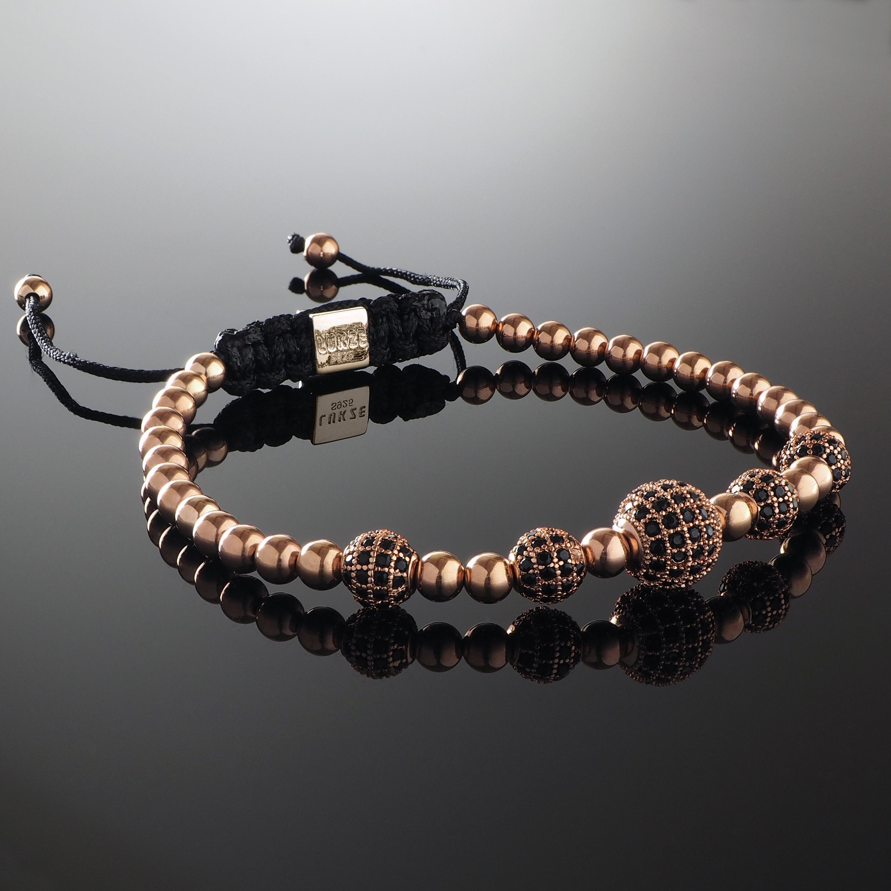 Handmade Beaded Macrame Bracelet with 925 Sterling Silver Adjustable Rose Gold Slip Knot Closure - Finished with Rose Gold filled 4mm beads and Cubic Zirconia CZ Diamond encrusted balls - Spiritual Jewelry Stones