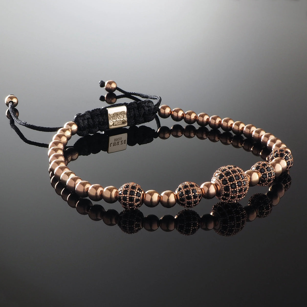 Handmade Beaded Macrame Bracelet with 925 Sterling Silver Adjustable Rose Gold Slip Knot Closure - Finished with Rose Gold filled 4mm beads and Cubic Zirconia CZ Diamond encrusted balls - Spiritual Jewelry Stones
