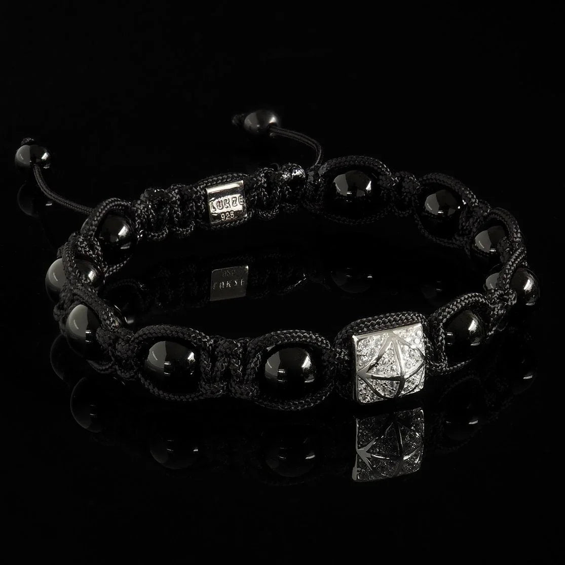 Lukze Onyx and Diamond Shamballa Bracelet with black cord and silver geometric charm