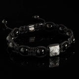 Lukze Onyx and Diamond Shamballa Bracelet with black cord and silver geometric charm