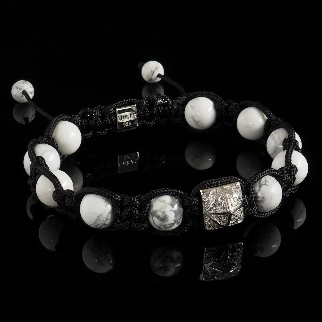 Lukze Howlite and Diamond Shamballa Bracelet with white beads and black cord