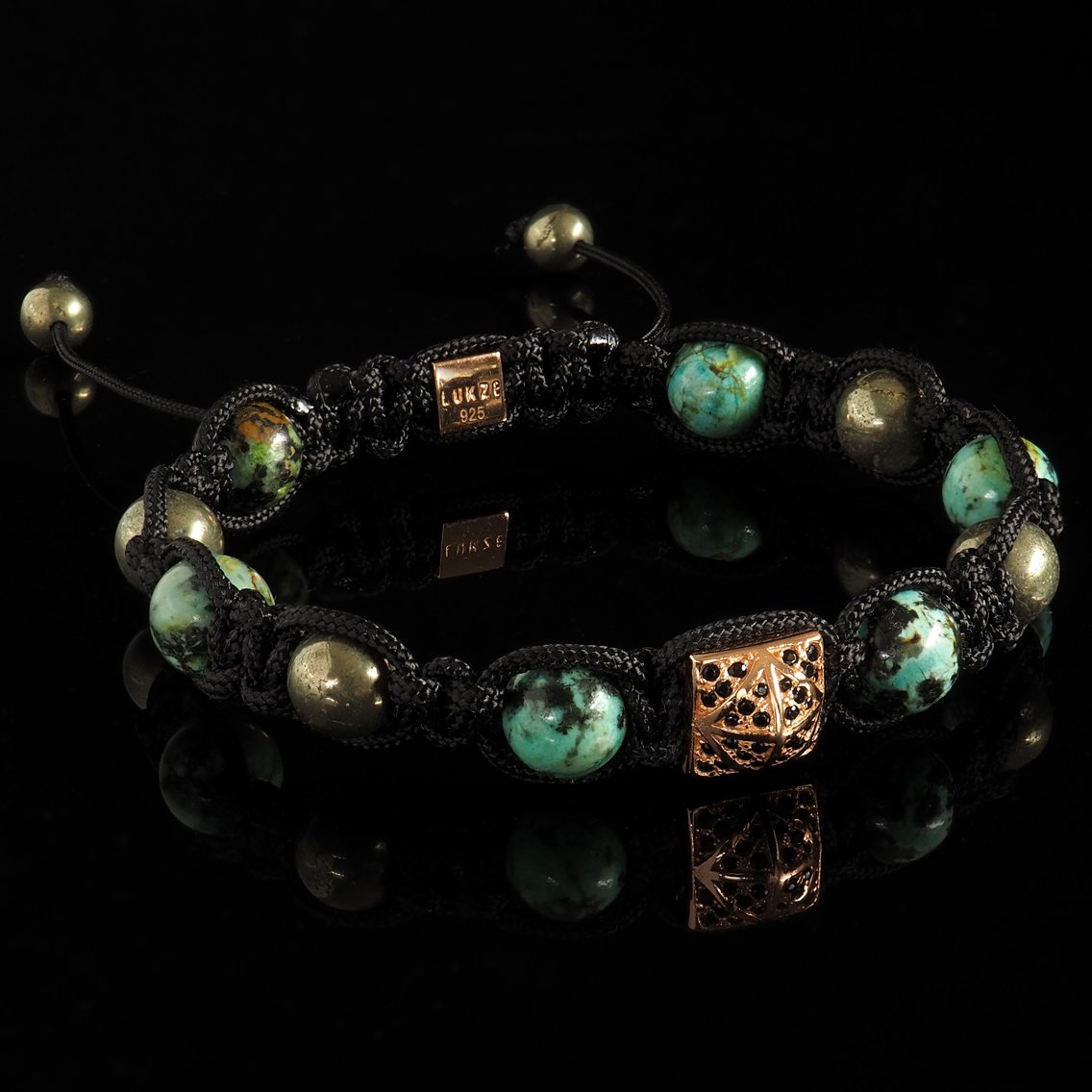 African Turquoise, Pyrite + Diamond Shamballa Bracelet - Premium Mens Bead Bracelet - Lukze