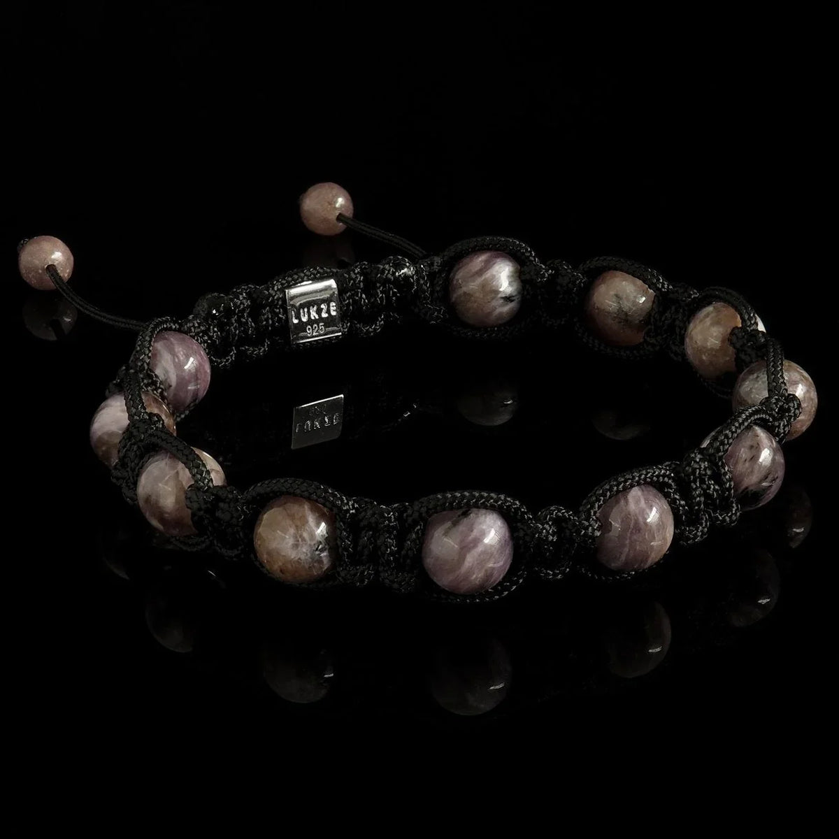 Charoite Shamballa bracelet with purple gemstone beads and black macrame cord by Lukze