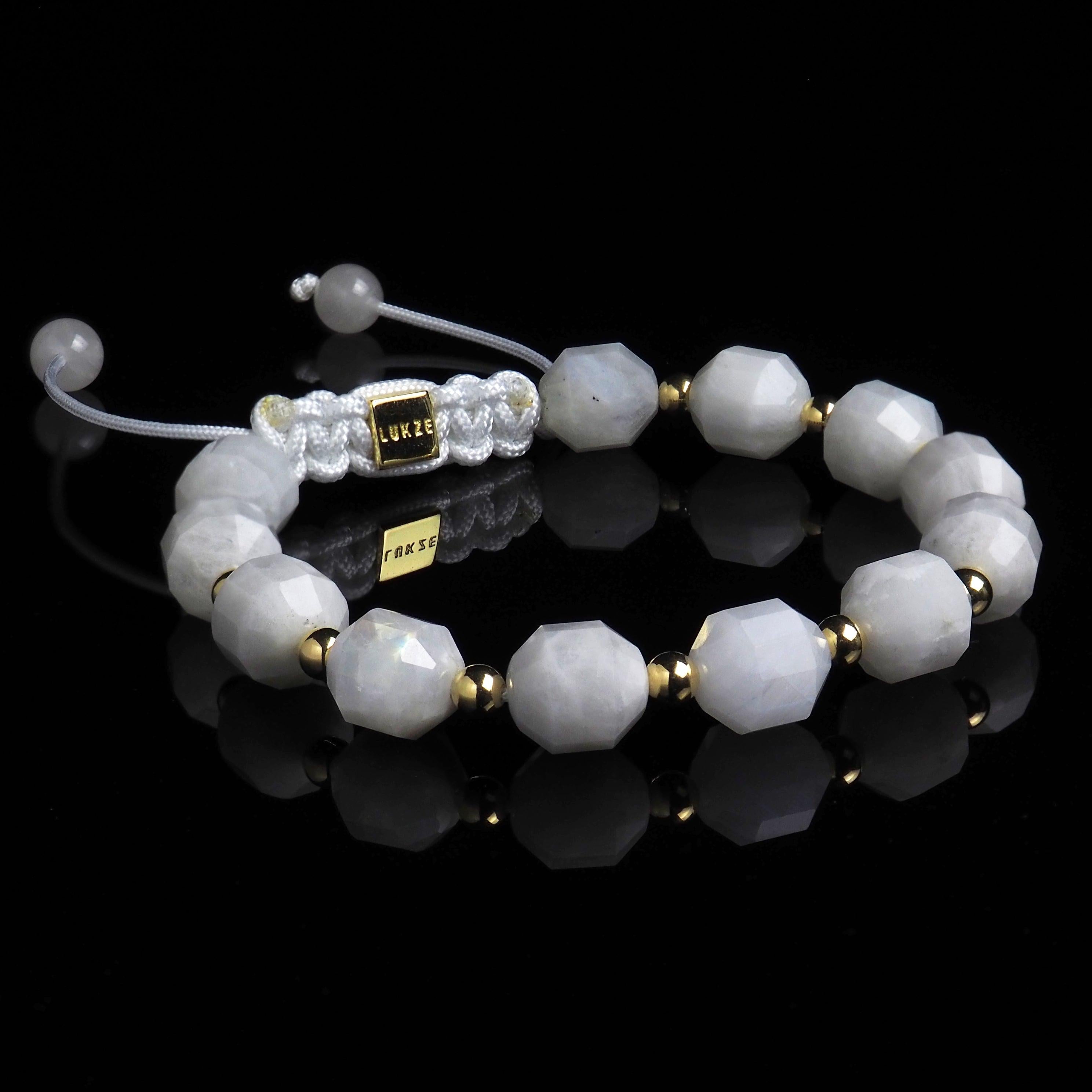 Moonstone + Gold Macramé Bracelet - Premium Mens Bead Bracelet - Lukze
