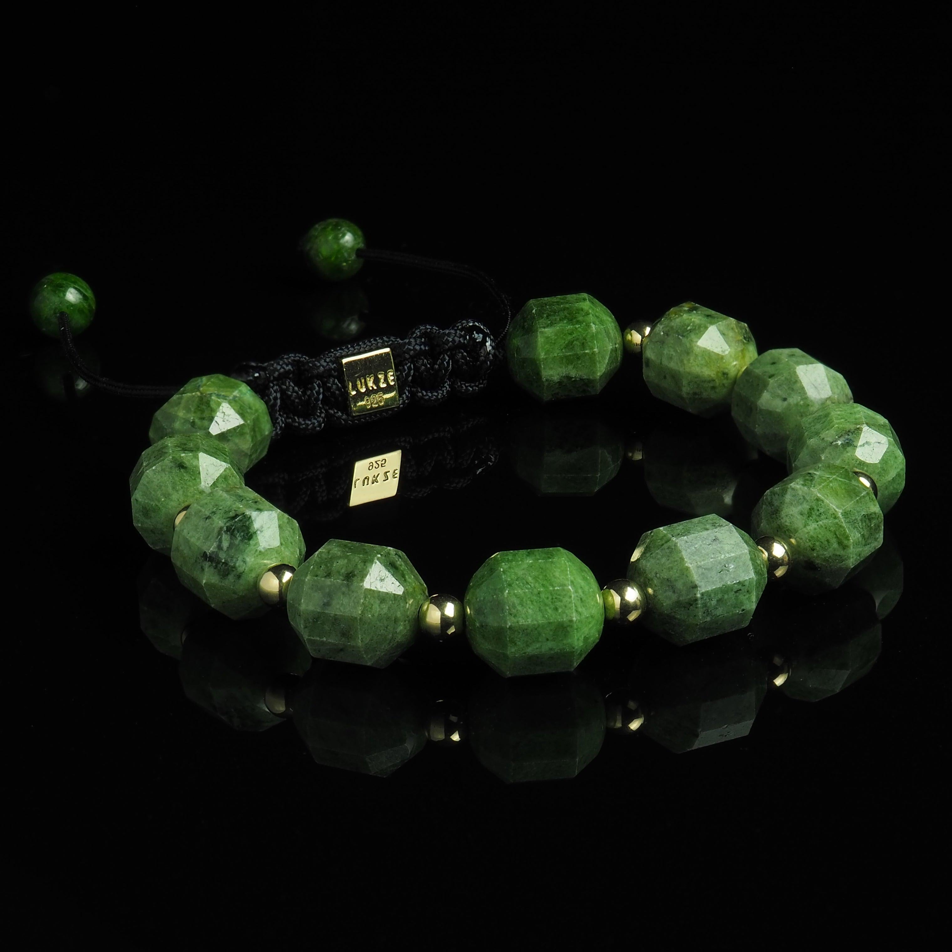 Chrome Diopside + Gold Macramé Bracelet - Premium Mens Bead Bracelet - Lukze
