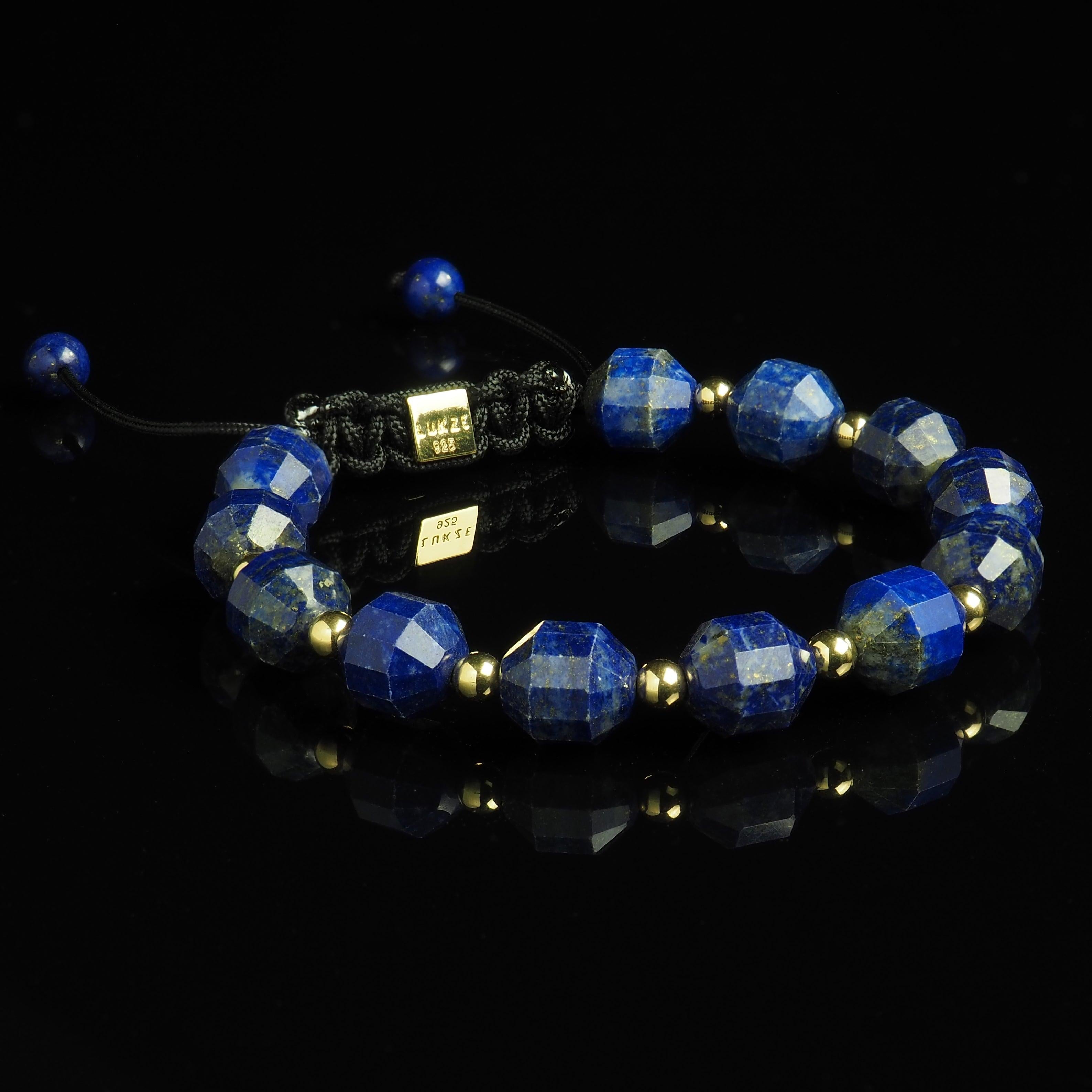 Lapis Lazuli + Gold Macramé Bracelet - Premium Mens Bead Bracelet - Lukze