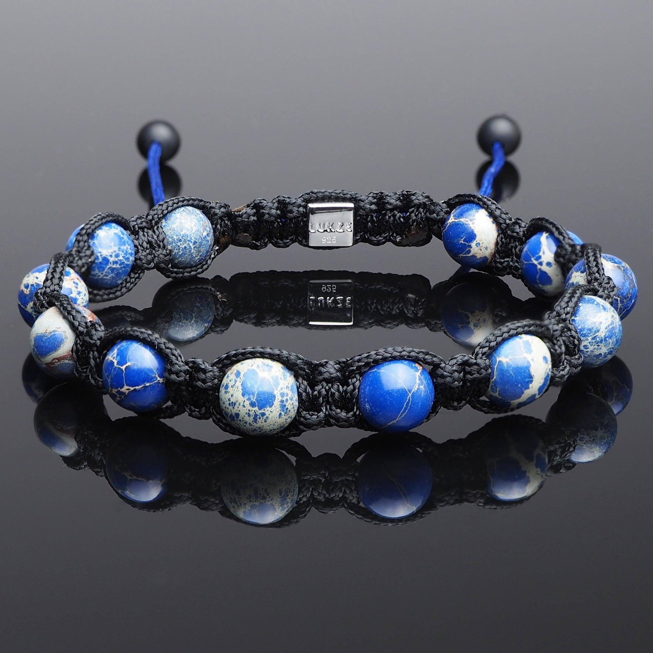 Blue Sediment Jasper Shamballa Bracelet - Premium Mens Bead Bracelet - Lukze