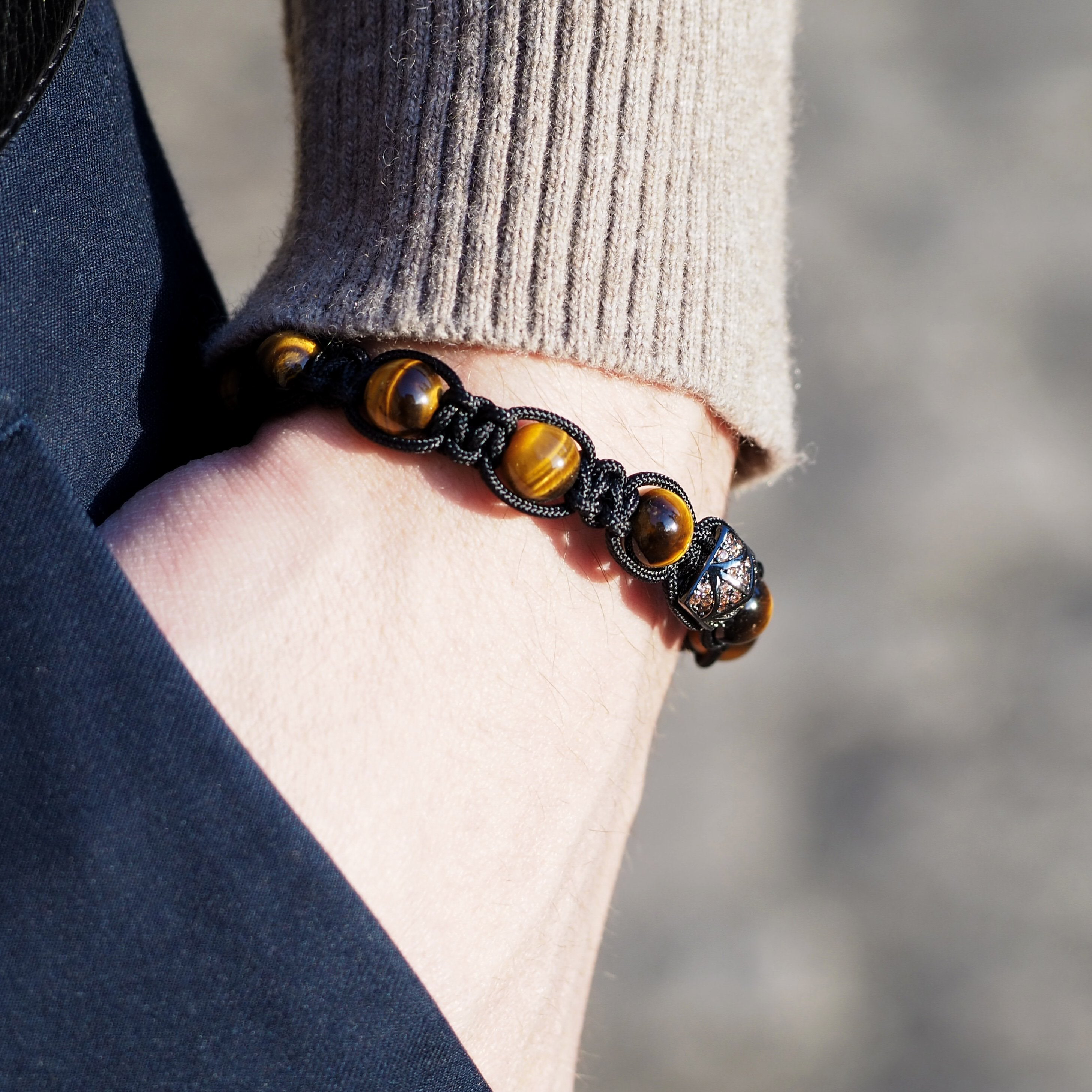 Champagne CZ Diamond + Yellow Tiger's Eye Shamballa Bracelet - Premium Mens Bead Bracelet - Lukze