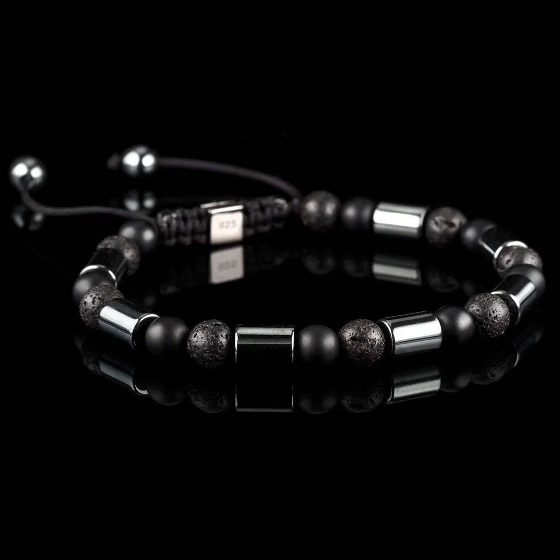 Lukze Triple Black V2 Macramé Bracelet with black lava stone and silver beads