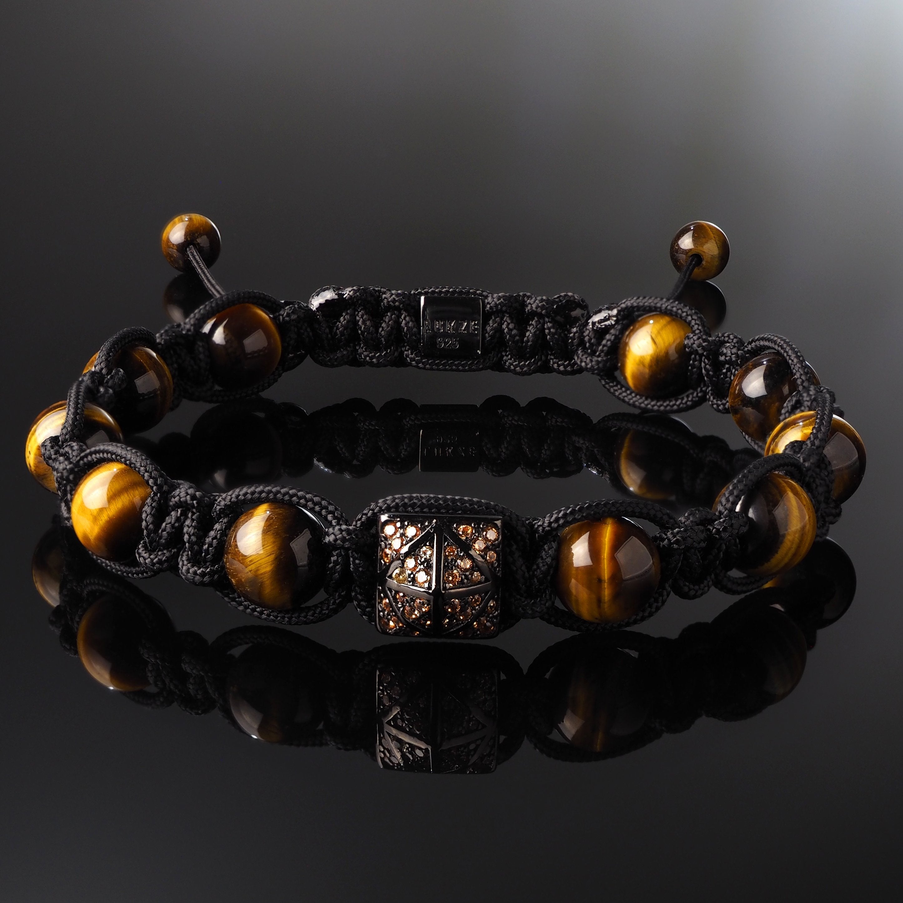 Champagne CZ Diamond + Yellow Tiger's Eye Shamballa Bracelet - Premium Mens Bead Bracelet - Lukze